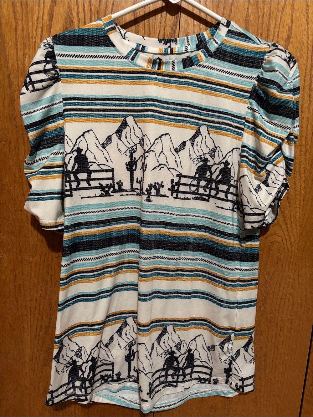 Western Stripe Puff-Sleeve Blouse - White, Teal & Mustard